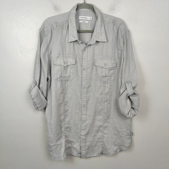 Calvin Klein Linen‎ Button Up Shirt Mens XL Gray Roll Tab Sleeve Preppy Beach - Picture 1 of 8